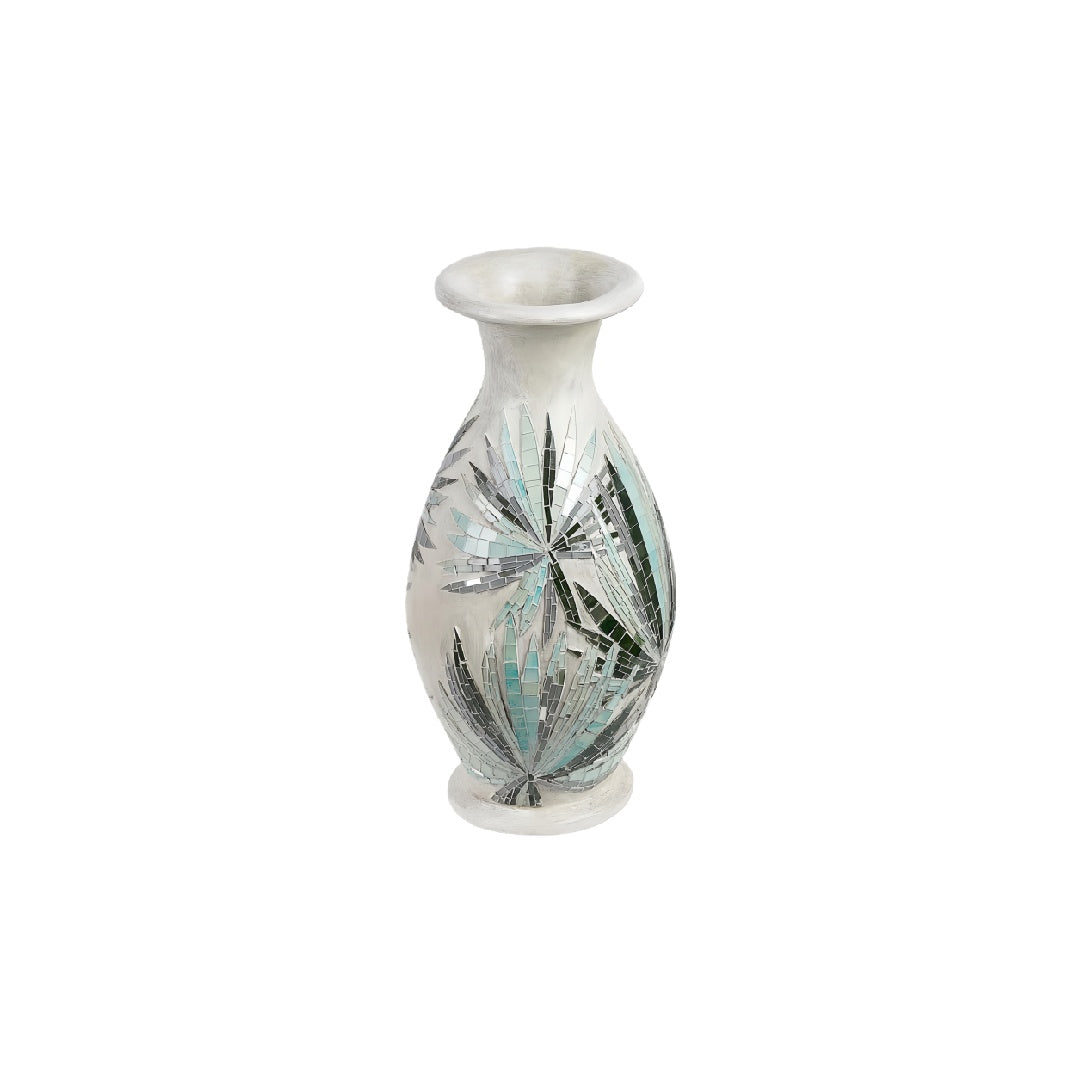 Handcrafted Mosaic Inlay Decorative Floor Vase with Tropical Palm Leaf Design